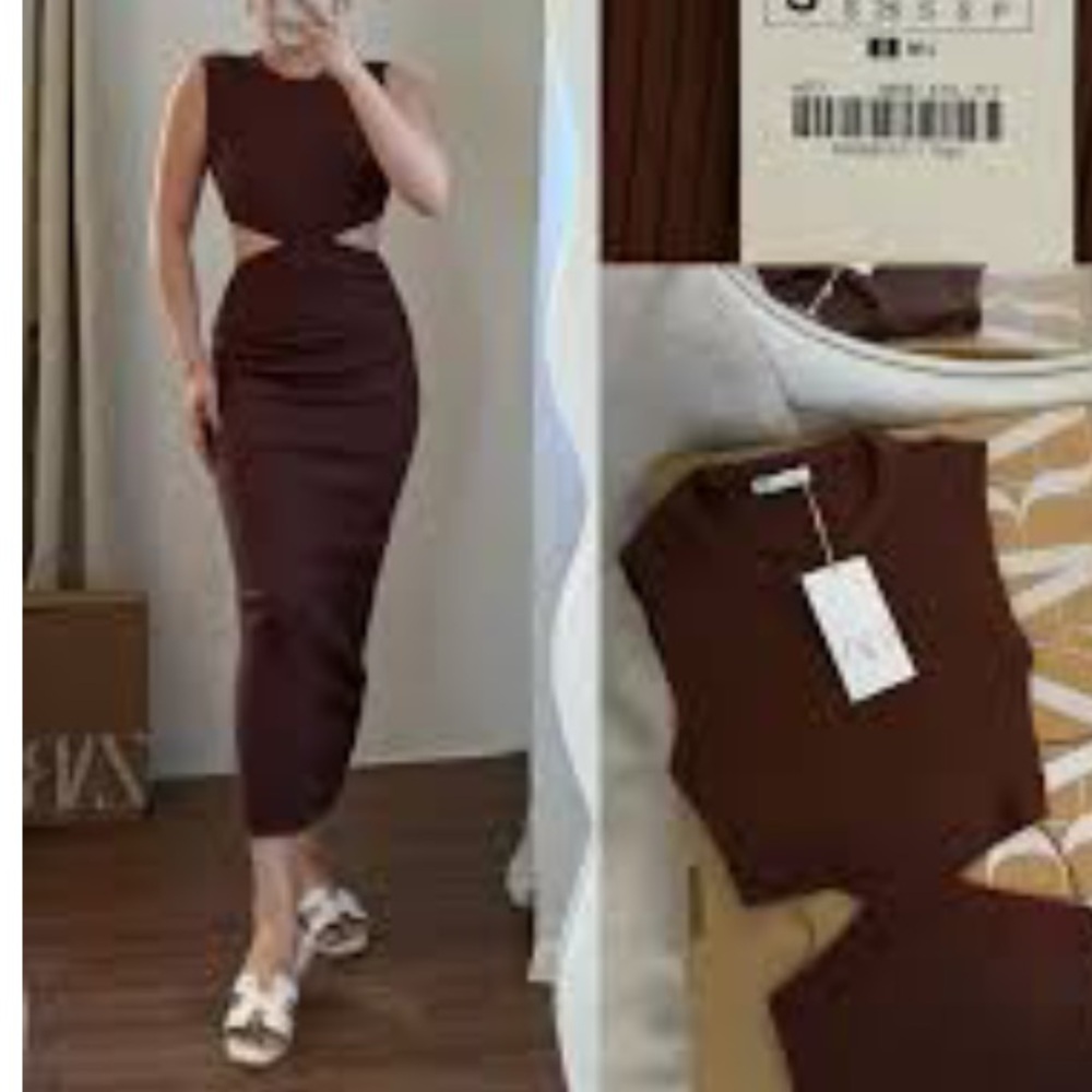 Zara Nwt RIBBED KNIT SIDE CUT OUT Sleeveless Brown Midi Dress SIZE LARGE